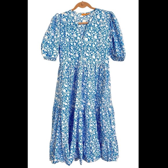 Oliphant Tuckernuck Canary Blue White Midi Maxi V-Neck Puff Sleeve Dress XXSmall - Picture 1 of 3